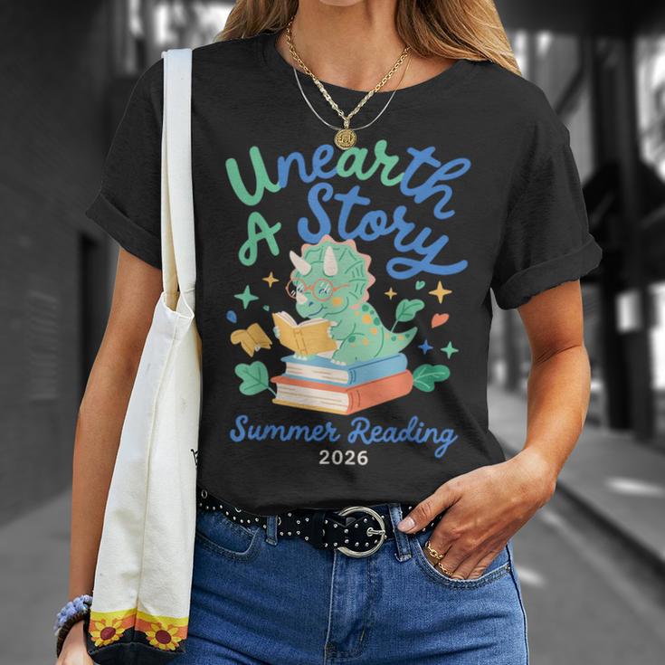Cute Unearth a Story Triceratops Dinosaur Reading Books Dino T-Shirt Gifts for Her