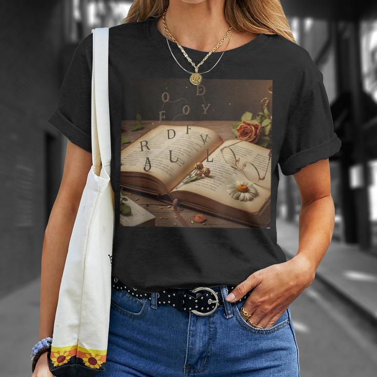 Dark Academia Vintage Book And Floating Letters Graphic T-Shirt Gifts for Her