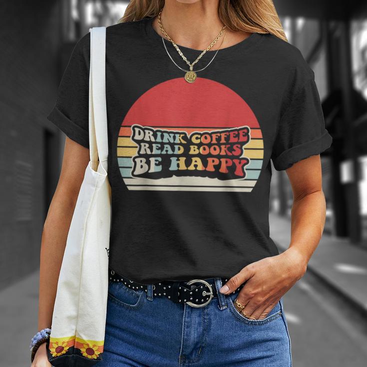 Drink Coffee Read Books Be Happy Retro Vintage Sunset T-Shirt Gifts for Her