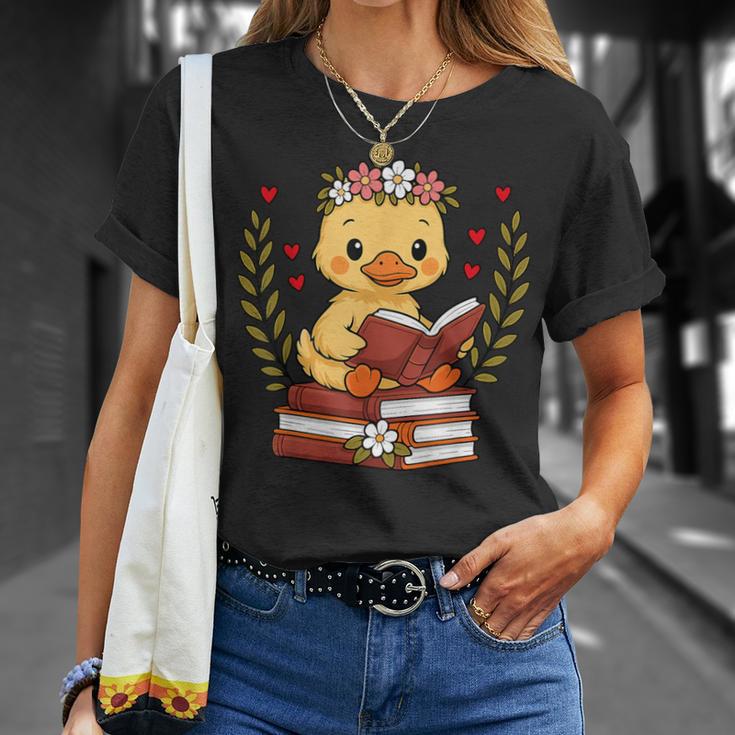 Duck Reading Book Graphic Duck With Book Floral T-Shirt Gifts for Her