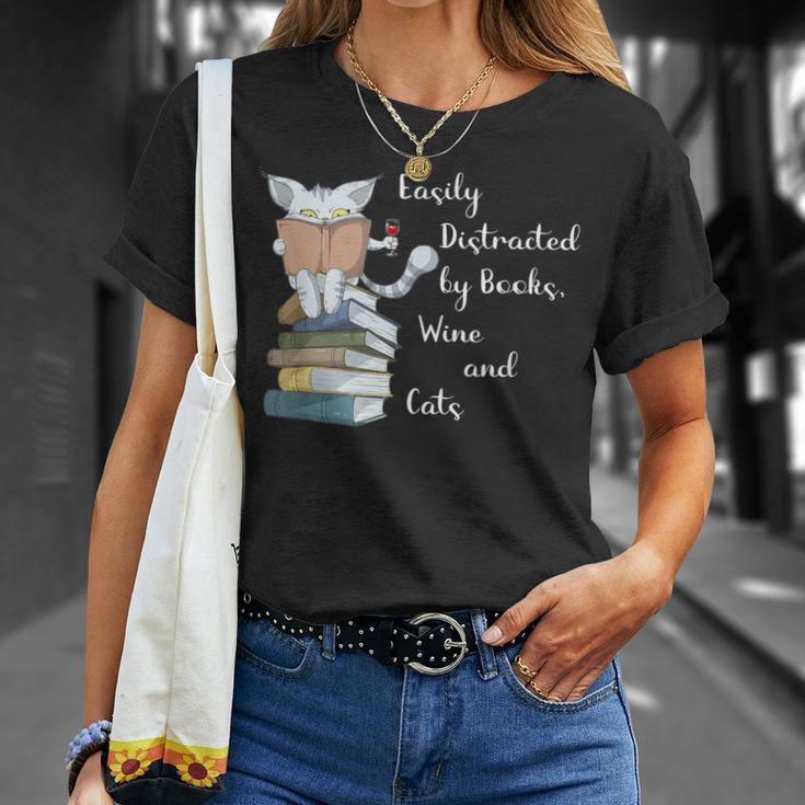 Easily Distracted By Books Wine And Cats Lover T-Shirt Gifts for Her Easily Distracted By Books Wine And Cats Lover T-Shirt Gifts for Her