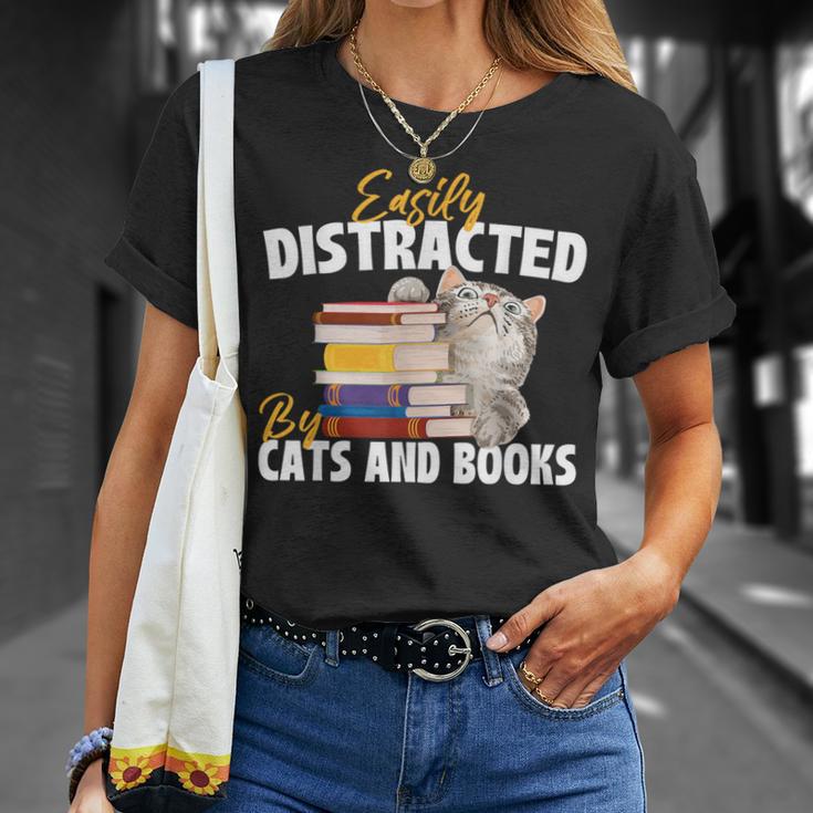 Easily Distracted By Cats And Books Bookworm Pet Lover T-Shirt Gifts for Her