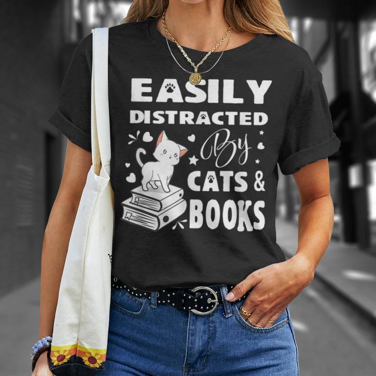 Easily Distracted By Cats And Books Books Cat Book Lover T-Shirt Gifts for Her