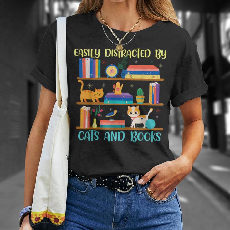 Easily Distracted By Cats And Books Cat Book Lovers Bookworm T-Shirt Gifts for Her