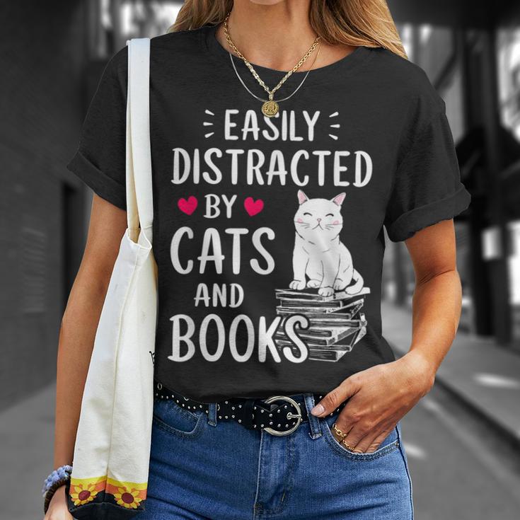 Easily Distracted By Cats And Books Cat Lover T-Shirt Gifts for Her