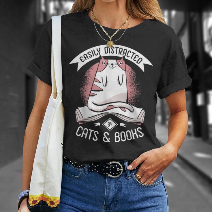 Easily Distracted By Cats And Books Men Cat Book Lover T-Shirt Gifts for Her