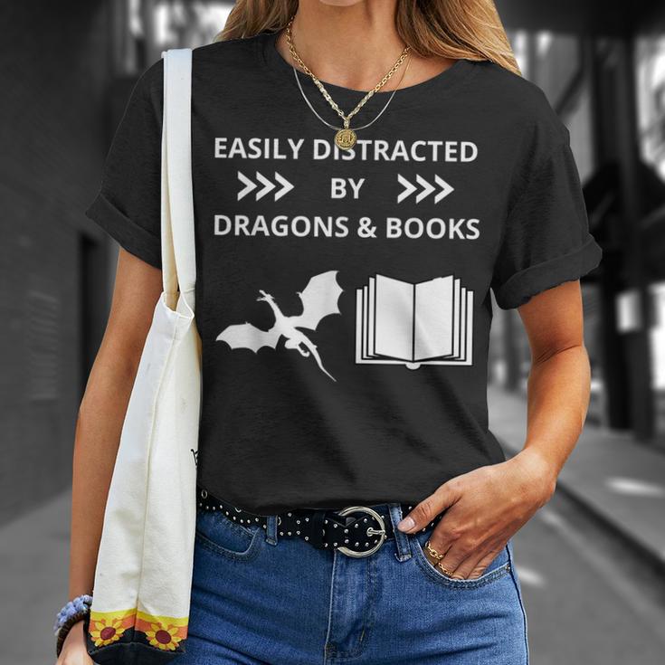 Easily Distracted By Dragon And Books Nerds T-Shirt Gifts for Her