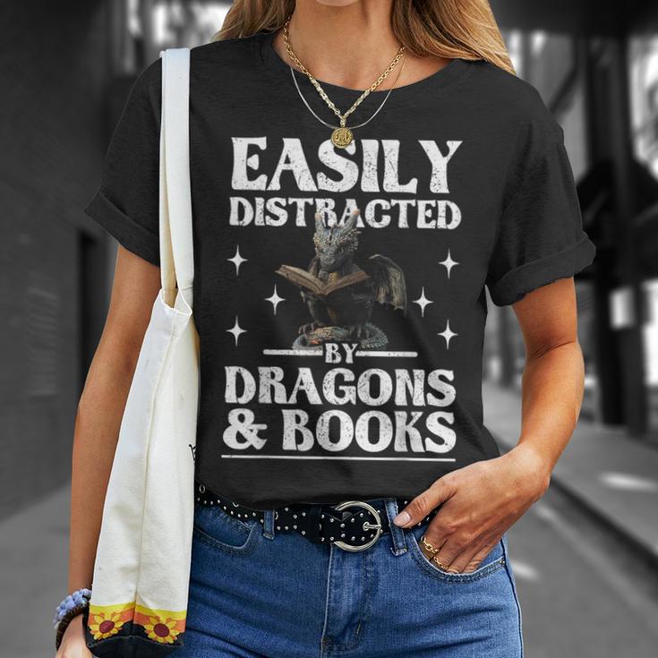 Easily Distracted By Dragons And Books Fantasy Book Lover T-Shirt Gifts for Her