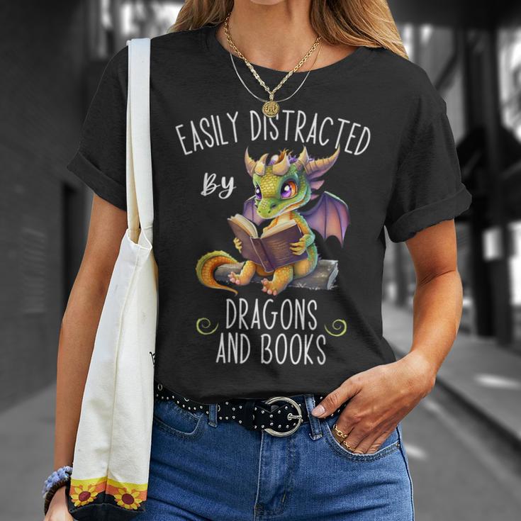 Easily Distracted By Dragons And Books Reading & Fantasy T-Shirt Gifts for Her