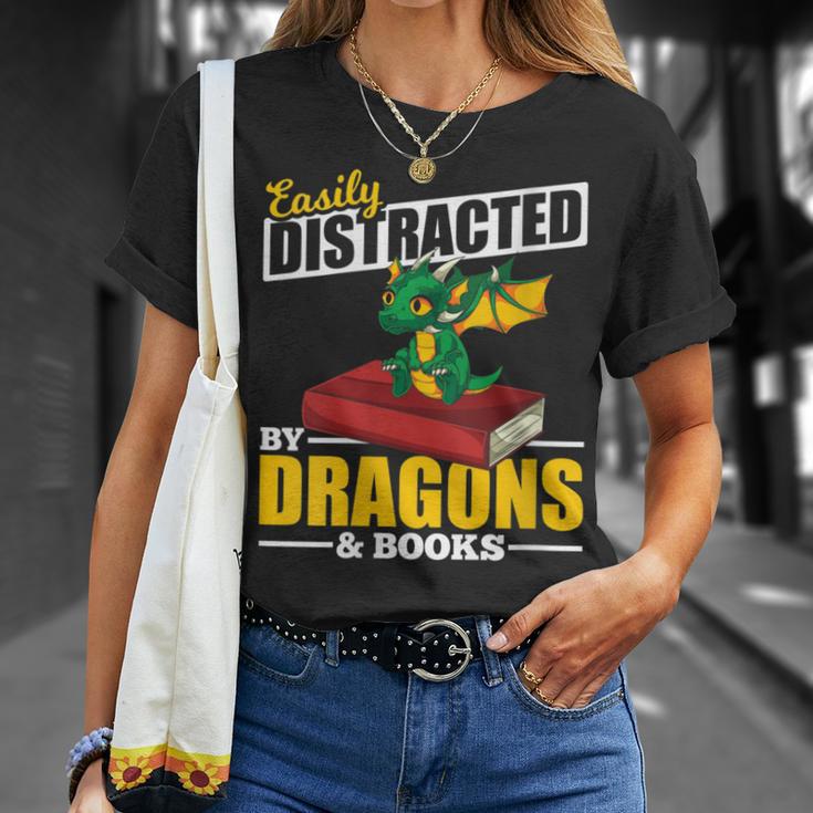 Easily Distracted By Dragons And Books Reading Book Dragon T-Shirt Gifts for Her