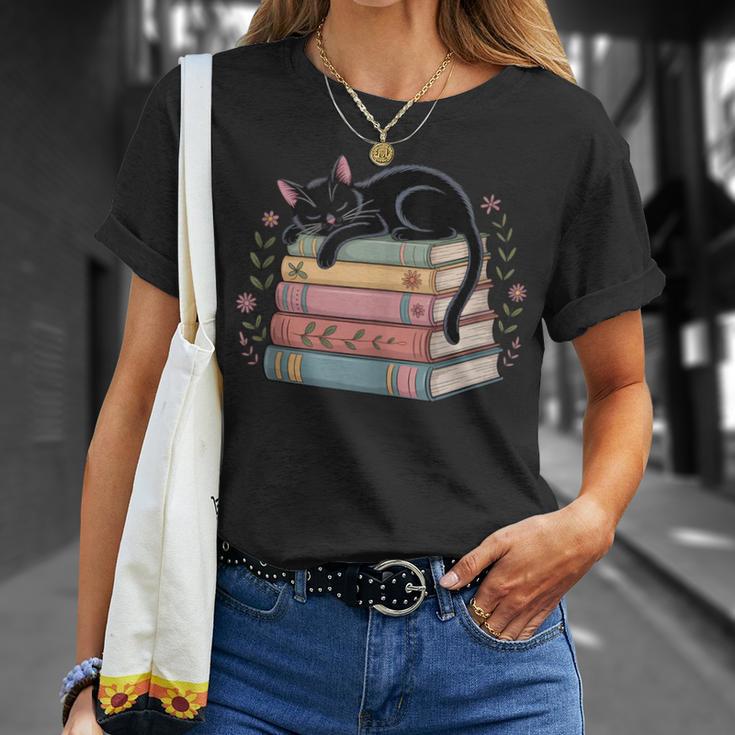 Floral Cat Sleeping On Books T-Shirt Gifts for Her
