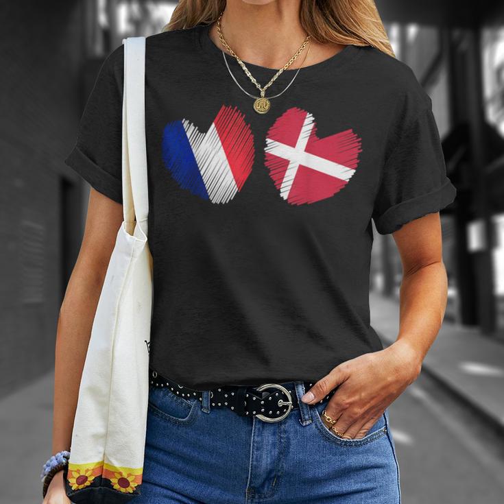 France Danemark Coeur Drapeau Français Danois Drapeau Grunge Coeur T-Shirt Cadeaux pour elle