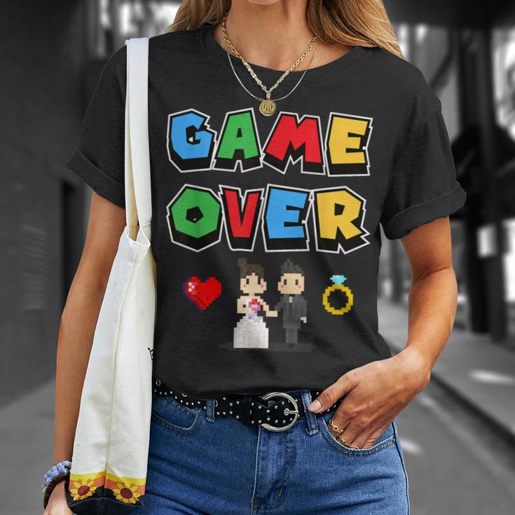 Game Over Boda Divertido Pixel Gamer Recién Casado Novio Camiseta unisex Regalos para ella