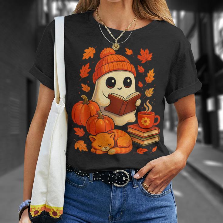 Ghost Reading Book Lovers Autumn Fall Halloween T-Shirt Gifts for Her