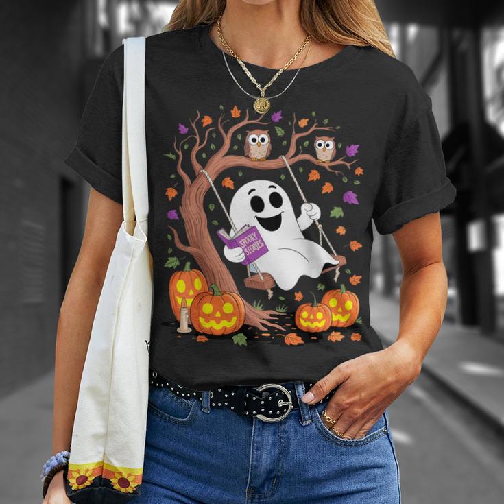 Ghost Reading Book On Swing Halloween Autumn Art T-Shirt Gifts for Her