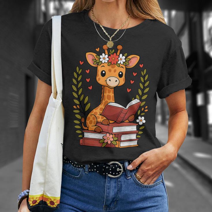 Giraffe Reading Book Graphic Giraffe With Book Floral T-Shirt Gifts for Her