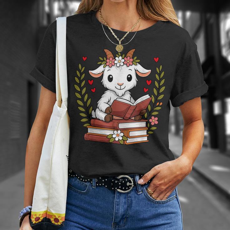 Goat Reading Book Graphic Goat With Book Floral T-Shirt Gifts for Her