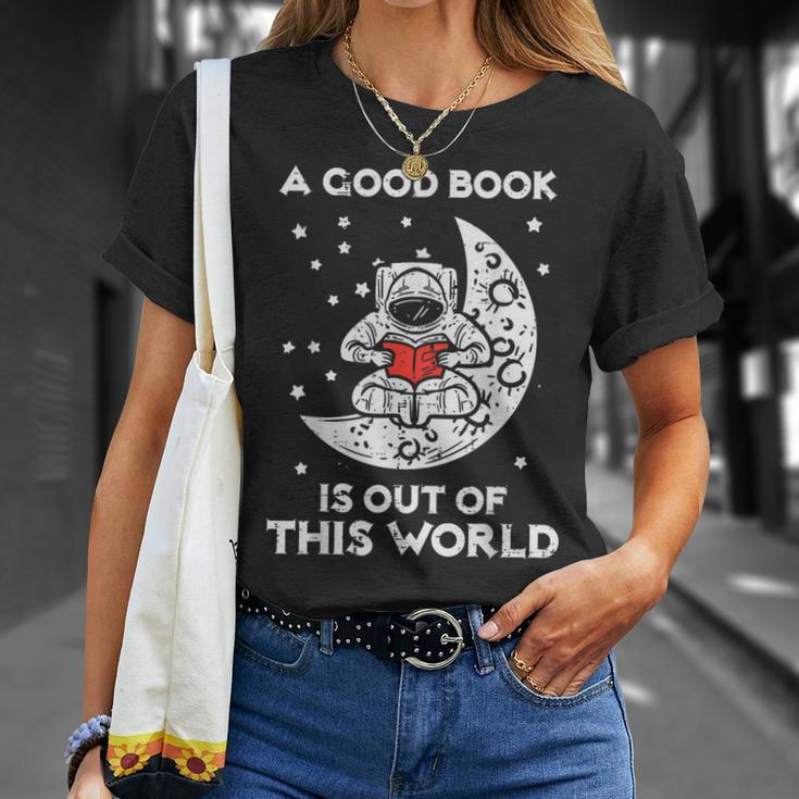 Good Book Is Out Of This World Astronaut Moon Space Bookworm T-Shirt Gifts for Her