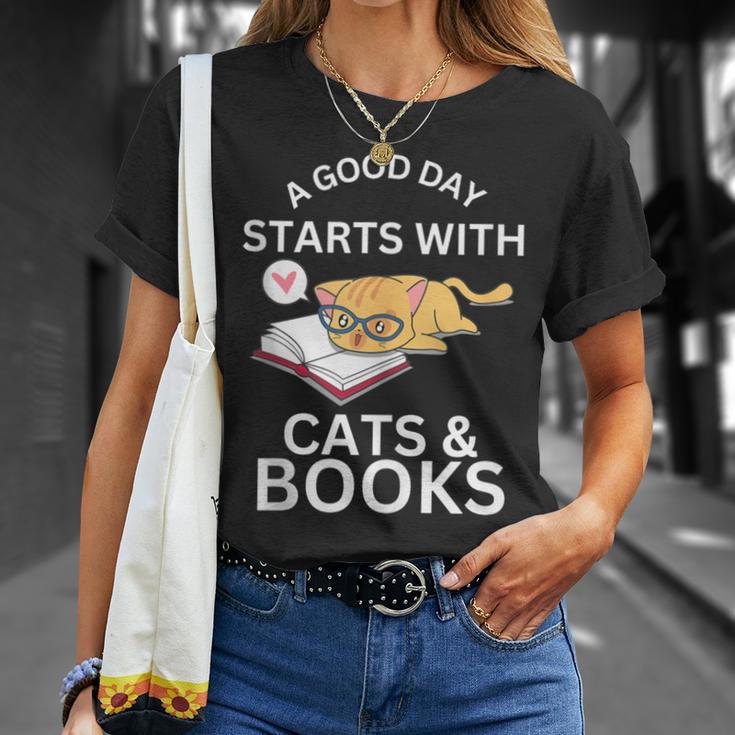 A Good Day Starts With Cats & Books T-Shirt Gifts for Her