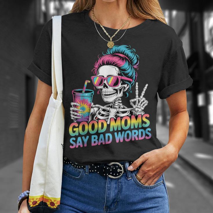 Good Moms Say Bad Words Messy Bun Mom Skeleton T-Shirt Gifts for Her