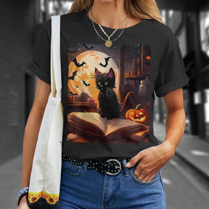 Halloween Cat Reading Books Spooky Cat Reader Teachers T-Shirt Gifts for Her