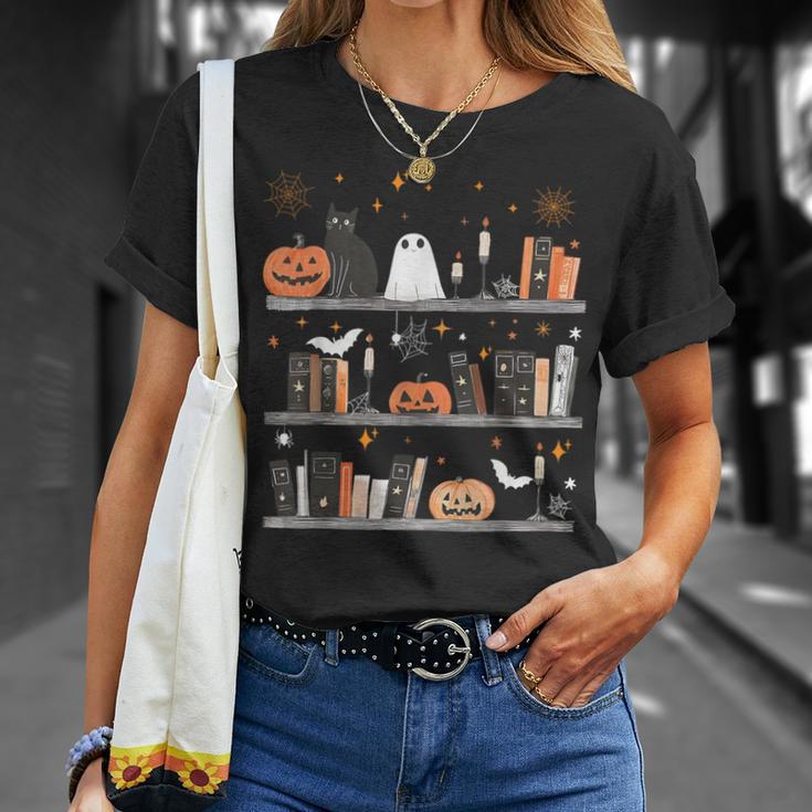Halloween Library Ghost Books Teacher Spooky Trick Or Teach T-Shirt Gifts for Her
