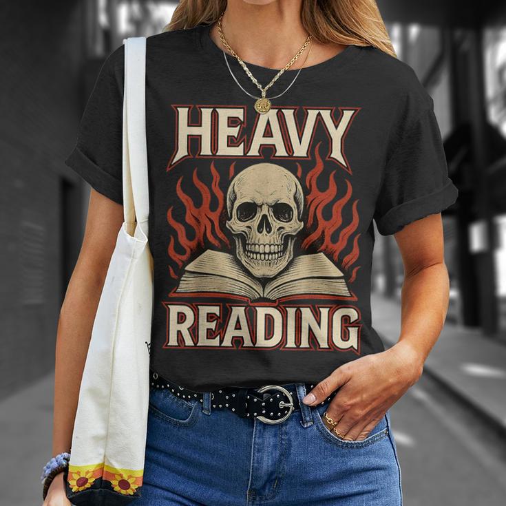 Heavy Reading Book Lover Skeleton Ironic Graphic T-Shirt Gifts for Her