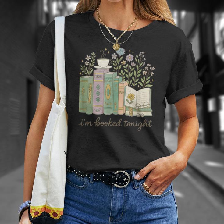 I'm Booked Tonight Cozy Floral Book Lover Graphic T-Shirt Gifts for Her