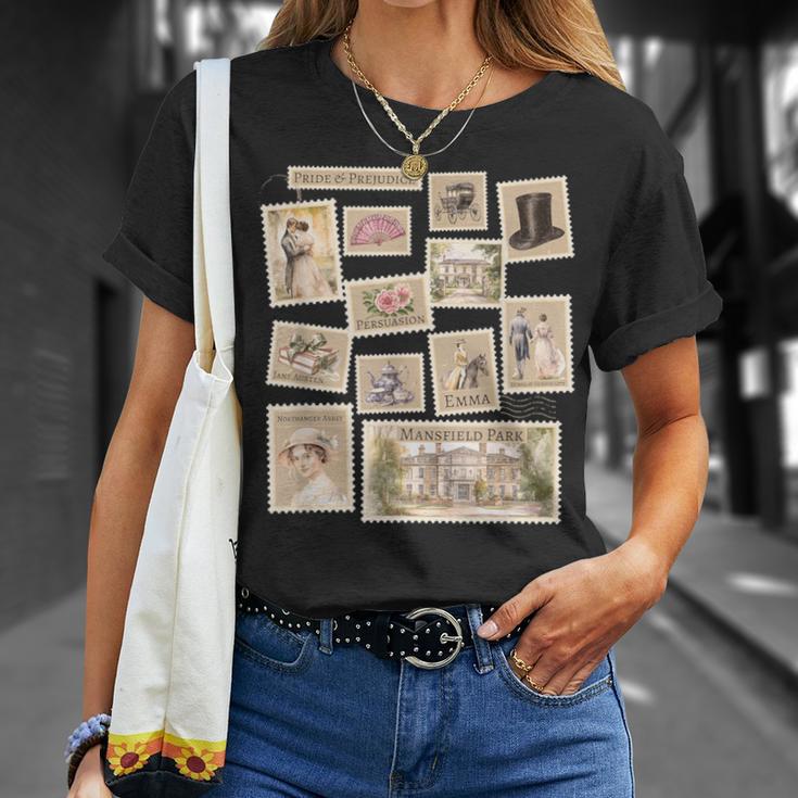 Jane Austen Book Classic Literature Stamp Collage T-Shirt Gifts for Her