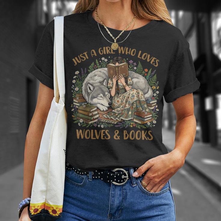 Just A Girl Who Loves Wolves And Books Fantasy Wolf Reader T-Shirt Gifts for Her