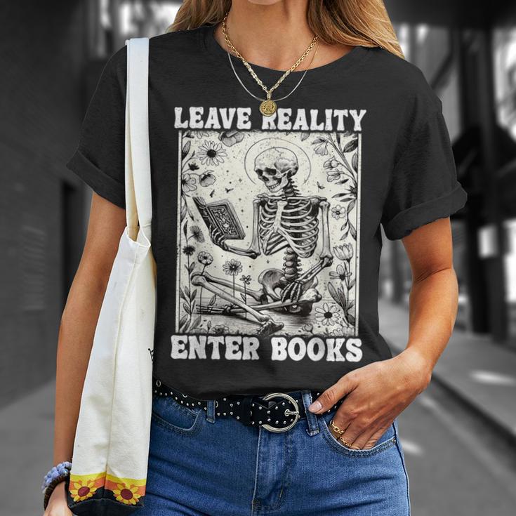 Leave Reality Enter Books Skeleton Reading Book T-Shirt Gifts for Her Leave Reality Enter Books Skeleton Reading Book T-Shirt Gifts for Her