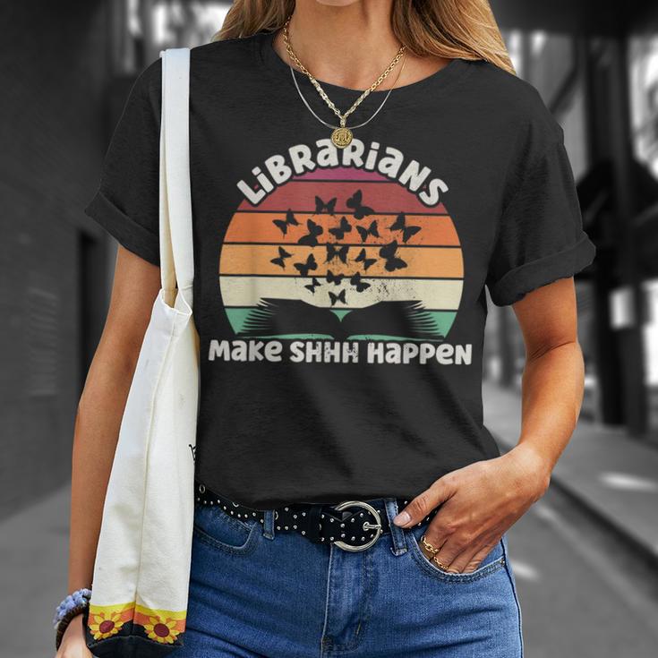 Librarians Make Shhh Happen Open Book Librarian T-Shirt Gifts for Her