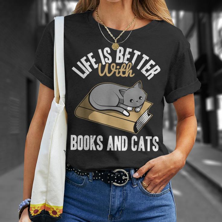 Life Is Better With Books And Cats Cat Owner Books Lover Men Women Kids T-Shirt Gifts for Her