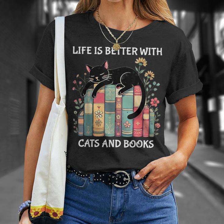 Life Is Better With Cats And Books Cute Cat Lover T-Shirt Gifts for Her