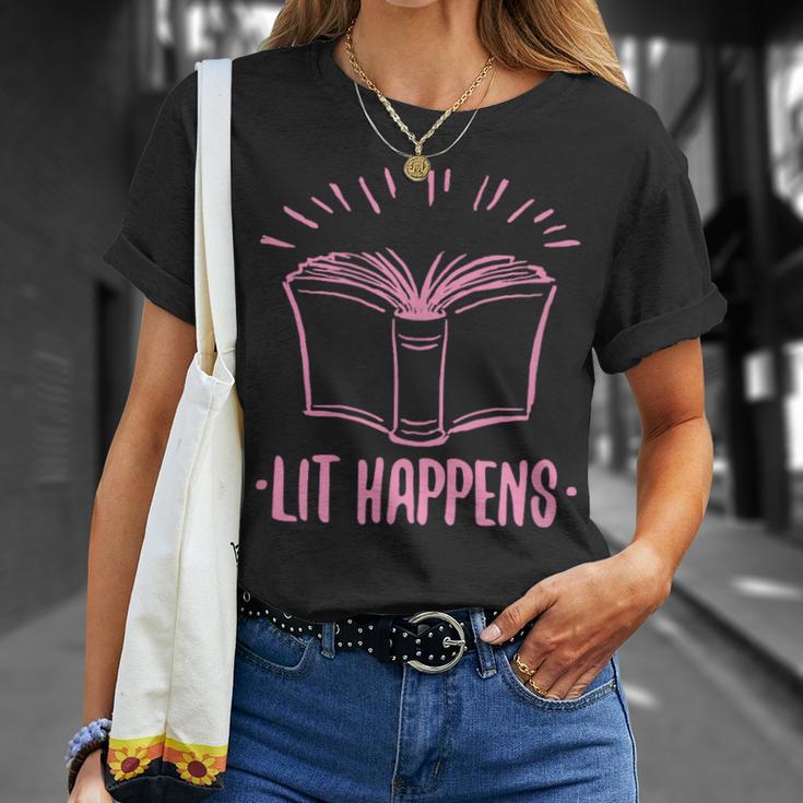 Lit Happens Book Reading Literary English Teacher Librarian T-Shirt Gifts for Her