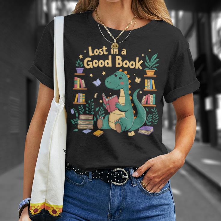 Lost In a Good Book Cute Reading Dinosaur Illustration T-Shirt Gifts for Her