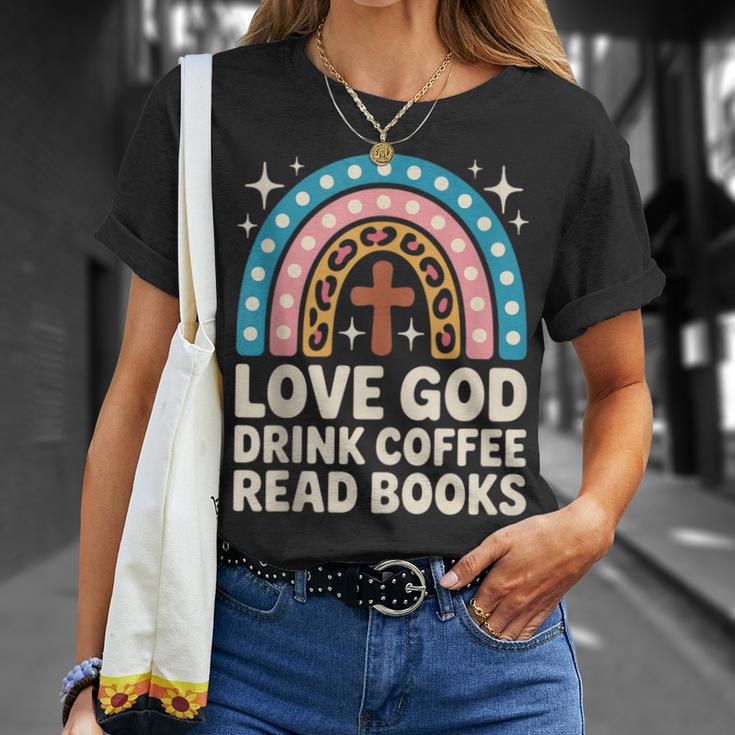 Love God Drink Coffee Read Books T-Shirt Gifts for Her