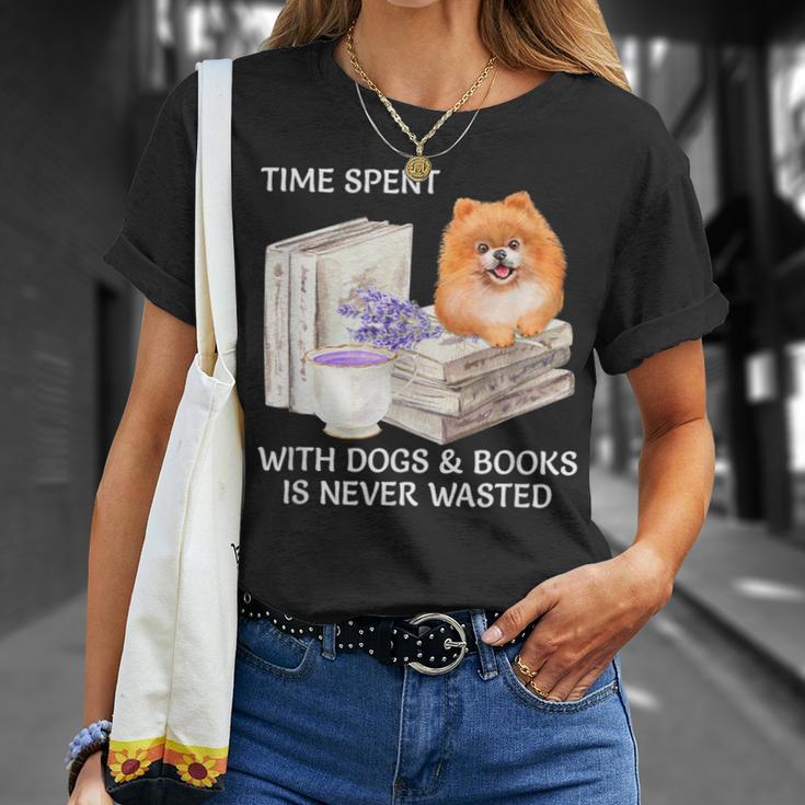 Love Reading Books And Pomeranian Dog Watercolor Art T-Shirt Gifts for Her