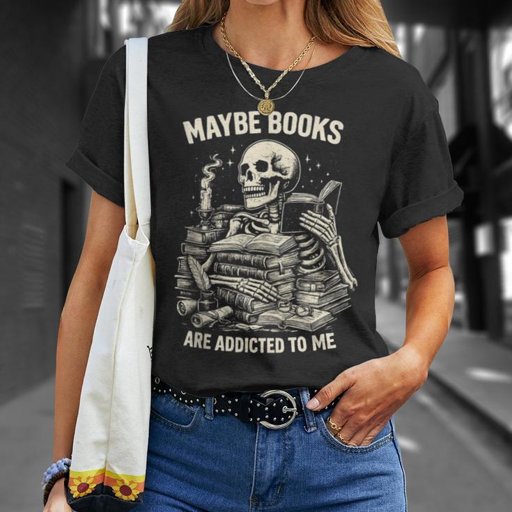 Maybe Books Are Addicted To Me Skeleton Reader Retro T-Shirt Gifts for Her