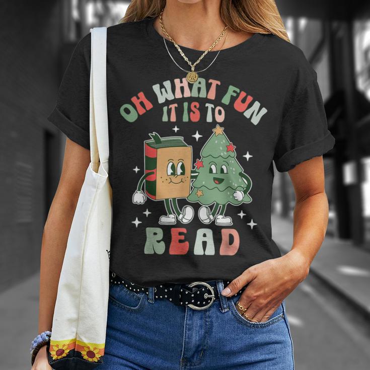 Oh What Fun It Is To Read Christmas Tree Book Lover Groovy T-Shirt Gifts for Her