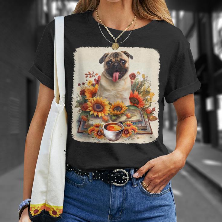 Pug Reading Books Sunflowers With Coffee Lover Owner T-Shirt Gifts for Her