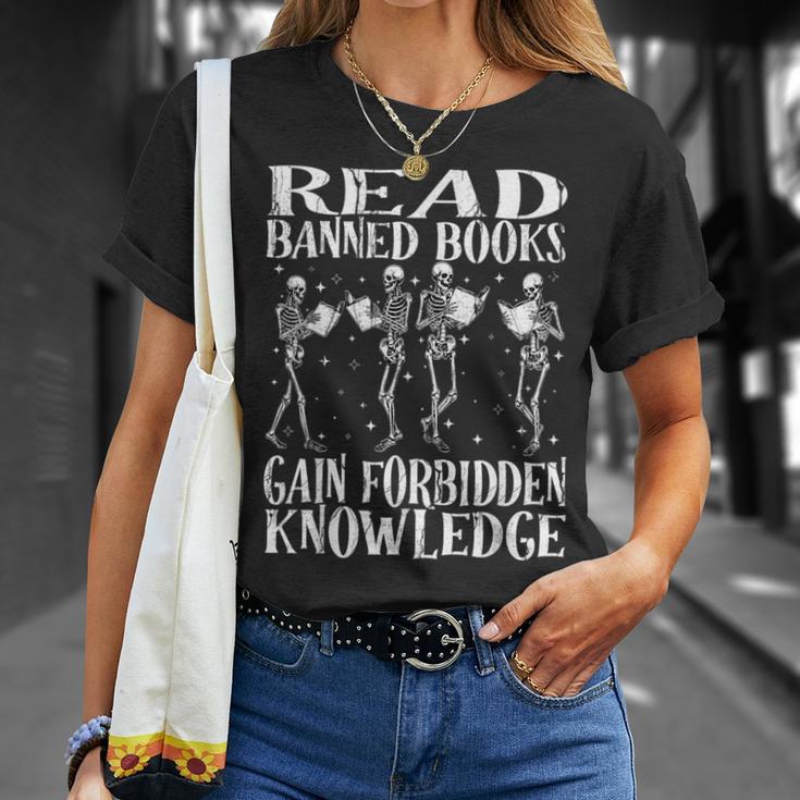Read Banned Book Lover Skeleton Reading Librarian Halloween T-Shirt Gifts for Her