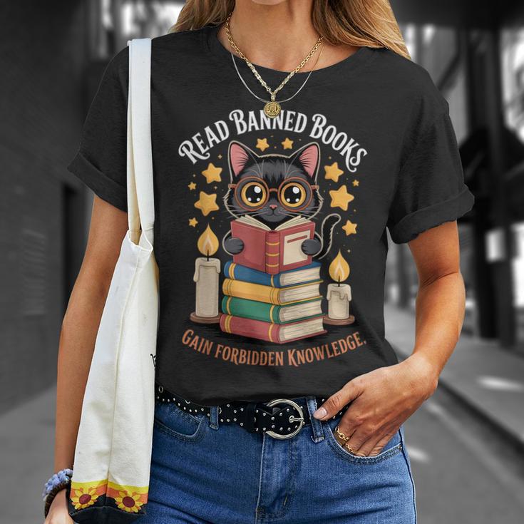 Read Banned Books Gain Forbidden Knowledge Cute Cat Reader T-Shirt Gifts for Her