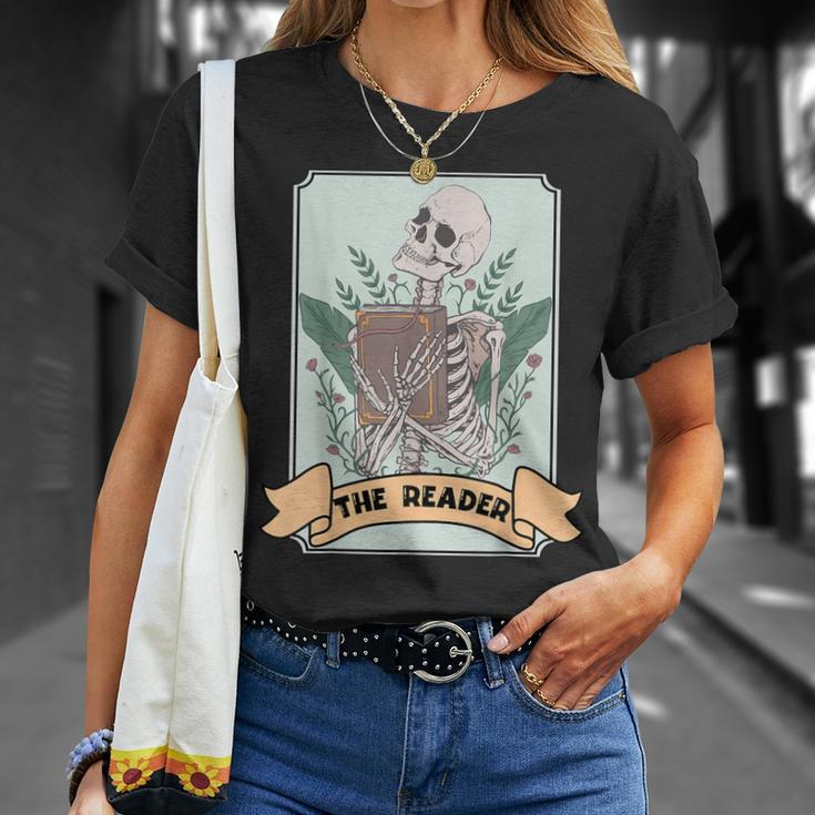 The Reader Tarot Card Skeleton With Book Lover Bookworm T-Shirt Gifts for Her