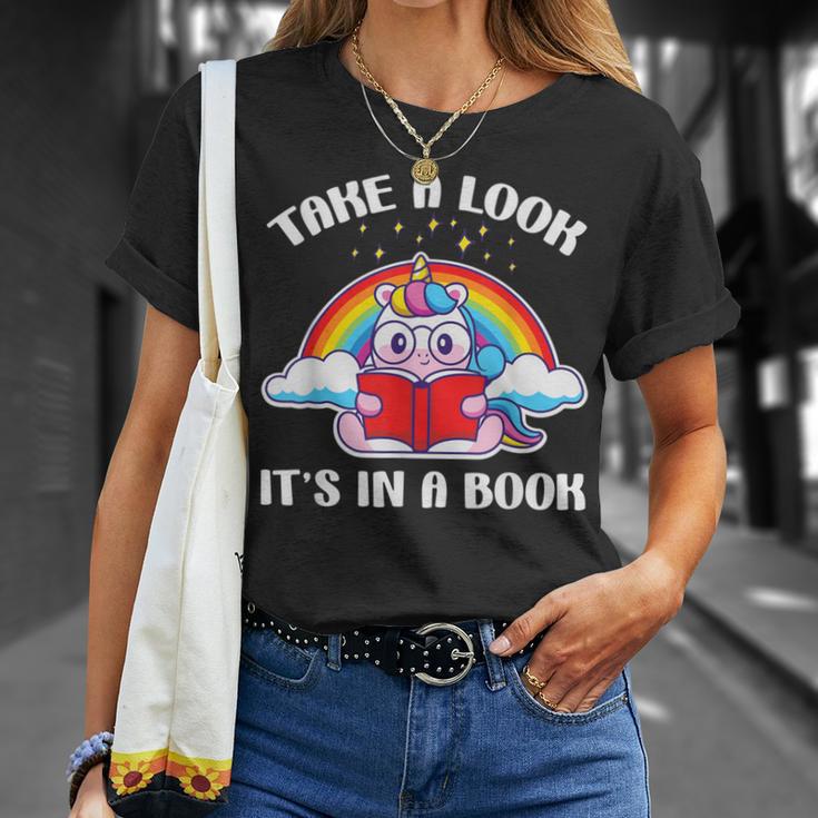 Reading Unicorn Take A Look It's In A Book Retro Rainbow T-Shirt Gifts for Her