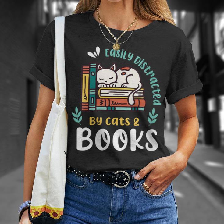 Saying About Books Easily Distracted By Cats And Books T-Shirt Gifts for Her