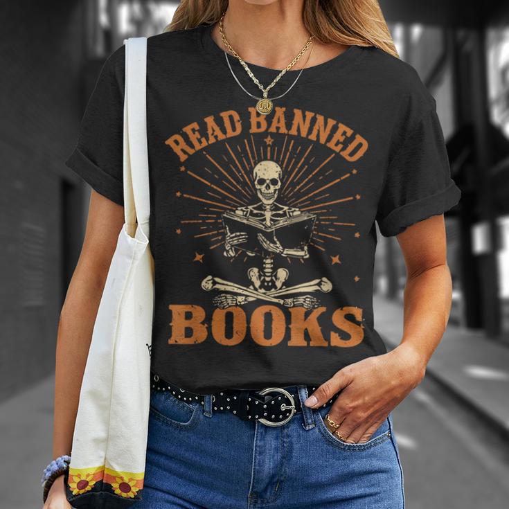 Skeleton Read Banned Books Gain Forbidden Knowledge T-Shirt Gifts for Her
