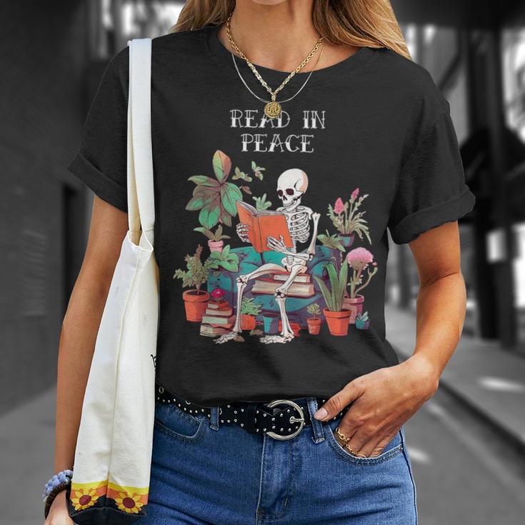Skeleton Read In Peace Books And Plants Lover Bookworm T-Shirt Gifts for Her