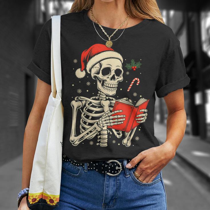 Skeleton Reading Book Christmas Teacher Librarian Book Lover T-Shirt Gifts for Her