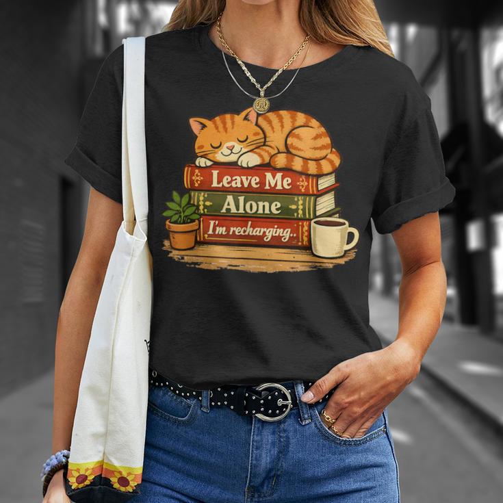 Sleeping Cat On Books Leave Me Alone I'm Recharging T-Shirt Gifts for Her